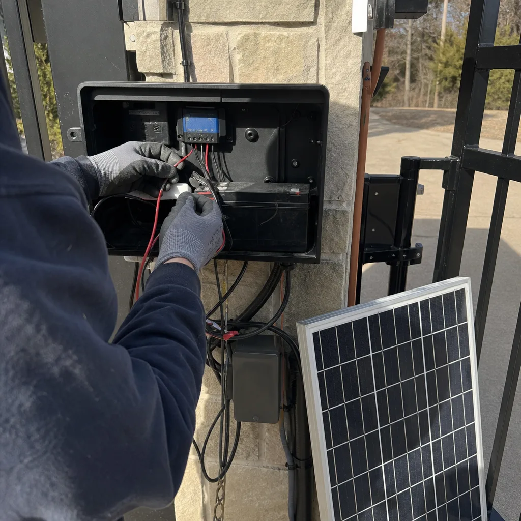 Technician performing professional gate access control and solar power system repair. in Colleyville, TX